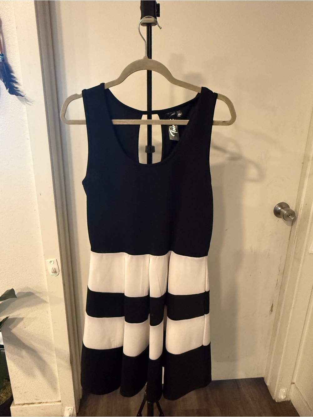 Sleeveless Black and White Striped Fit & Flare Dress